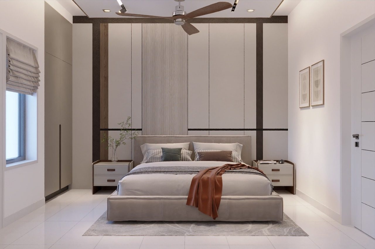 Master bedroom with panelled headboard wall