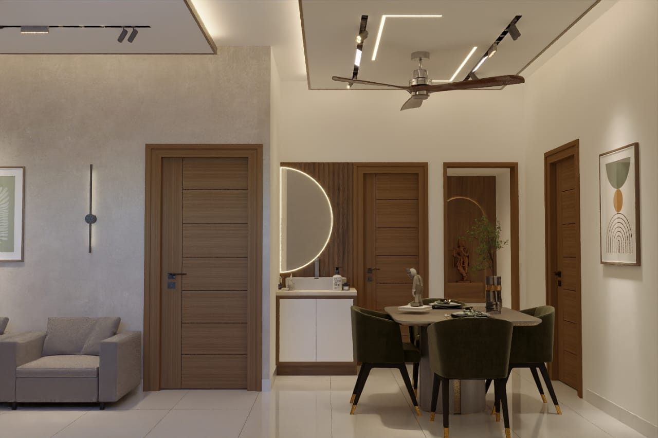 Dining area with round mirror and pendant light