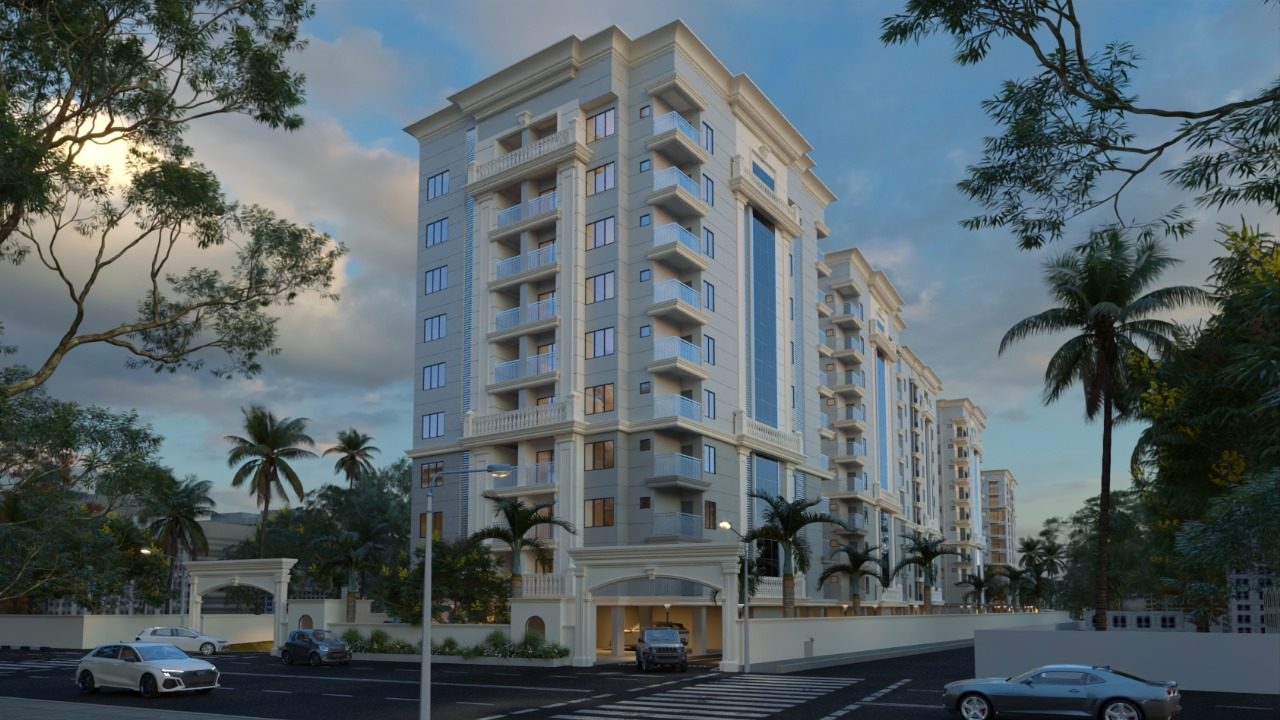 Street view of a PSR Onyx Park tower behind palms