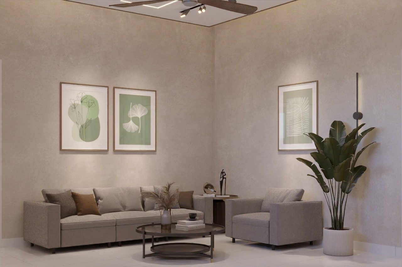 Living room with layered seating and greenery