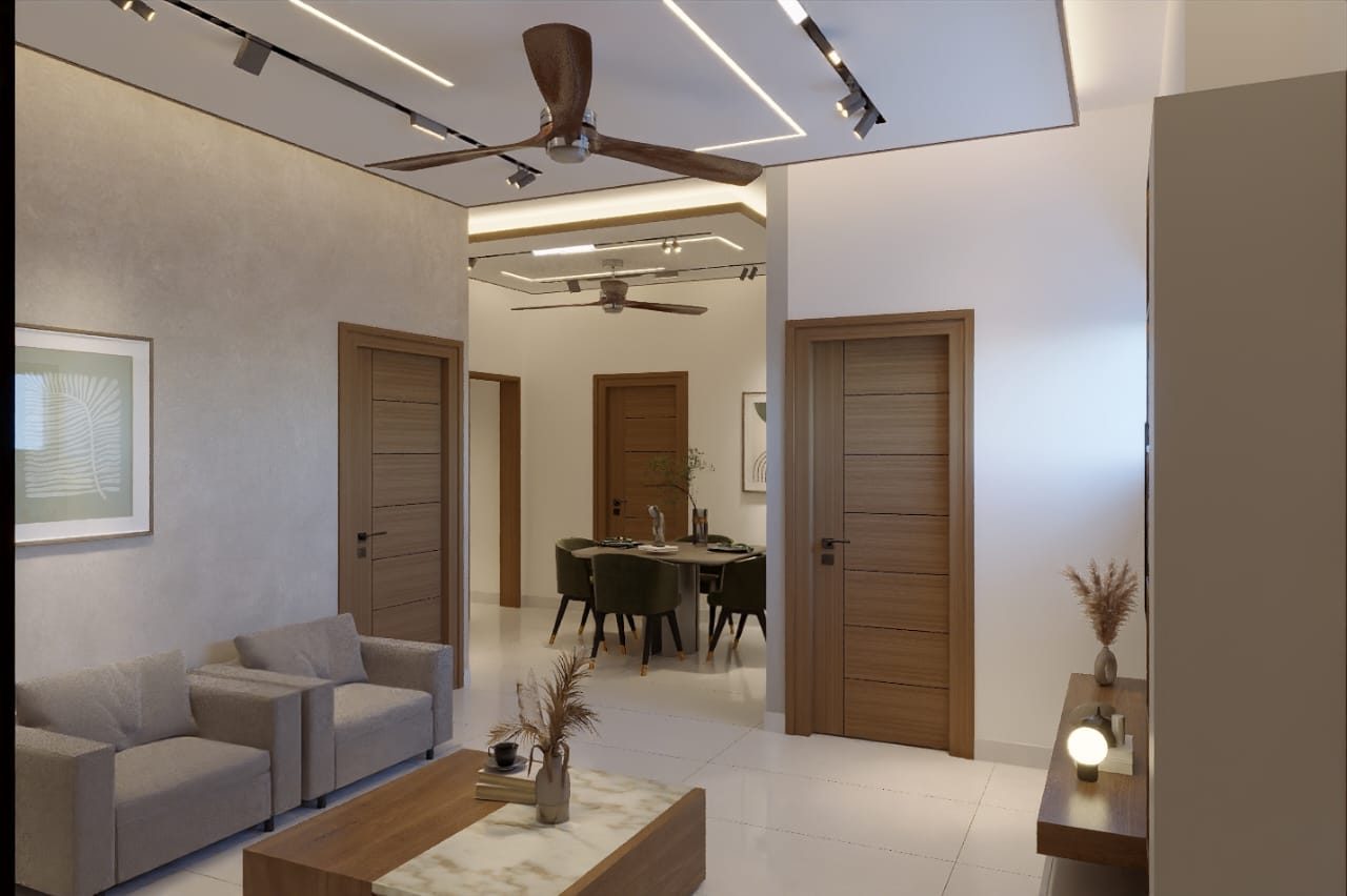 Open living and dining space with ceiling fan