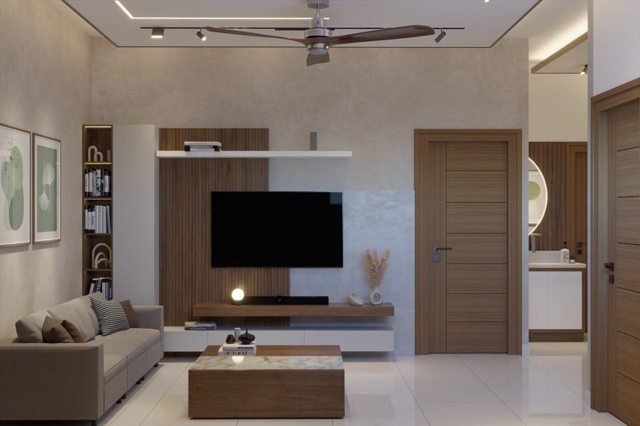 Living room with a full-height media wall