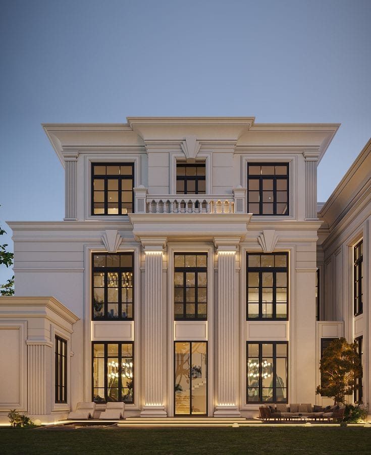 Neo-classic building facade at dusk, warmly lit