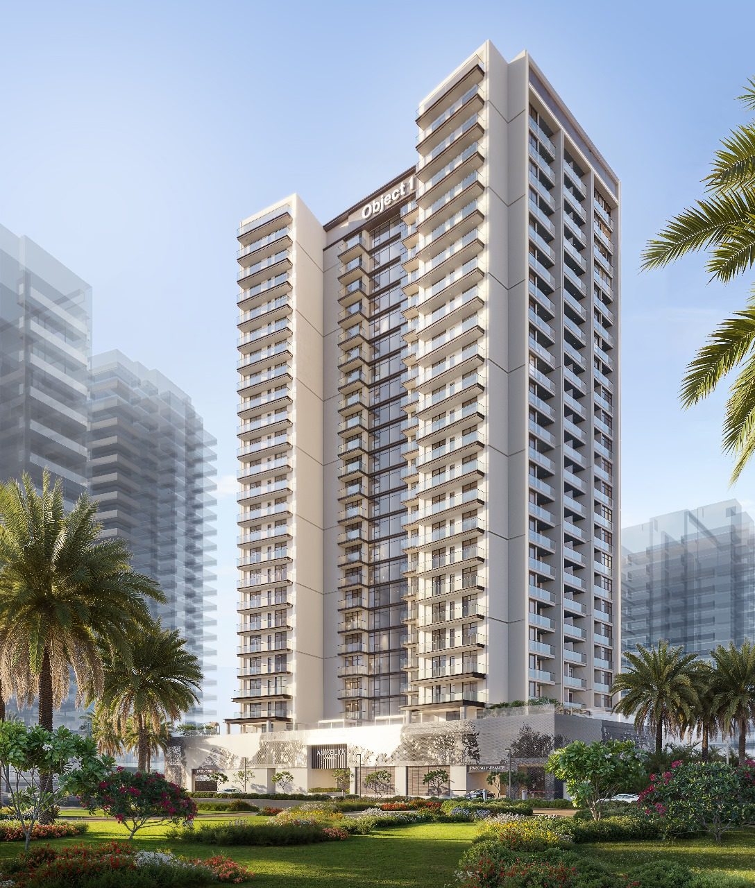 Tower elevation with palm-lined forecourt